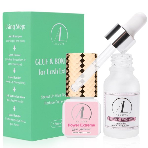 ALLOVE Lash Extension Glue and Bonder Kit 1-2s Drying Time 7-8 Weeks Retention Time Power Extreme Eyelash Glue and Waterproof Glue Accelerator Super Bonder for Lash Extensions