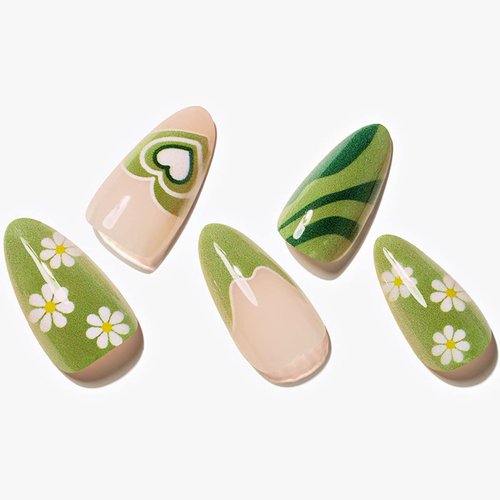 GLAMERMAID Green Press on Nails Medium Almond, St. Patrick's Day Nude French Tip Fake Nails Stiletto, Natural Short Oval Leaves Stick on Nails Gel, Reusable Gloss Acrylic False Nail Kit for Women Gift