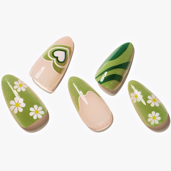 GLAMERMAID Green Press on Nails Medium Almond, St. Patrick's Day Nude French Tip Fake Nails Stiletto, Natural Short Oval Leaves Stick on Nails Gel, Reusable Gloss Acrylic False Nail Kit for Women Gift