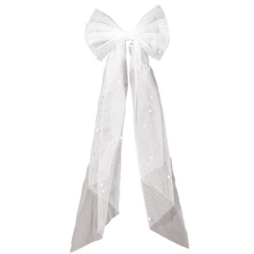 aoozleny Bridal Hair Bow Veil Hair Clip,Veil Hairpins with Pearl Mesh Bow Hair Clips (White)