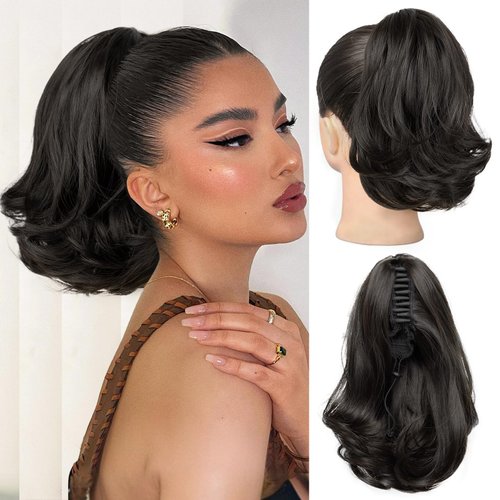 MONIXI Ponytail Extension, 10" Short Claw Clip on Pony Tails Hair Extensions for Women Synthetic Natural Wavy Drawstring Fake Ponytails Hairpieces Daily Use (Black Brown, 10 inch)