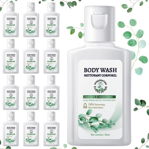 Swiffen 12 Pack Travel Size Body Wash Bulk 1 oz Mini Moisturizing Body Wash for Women Men Coworker Birthday Christmas Mothers Day Teacher Nurse Gift(Eucalyptus)