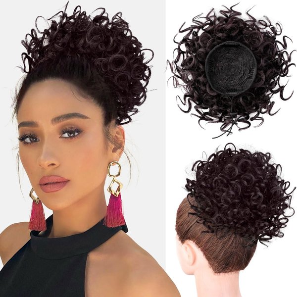 aforystanys Dark Brown Curly Hair Bun Elastic Drawstring Messy Bun Hair Piece for Women Short Curly Ponytail Extension High Temperature Synthetic Hair Buns for Women Daily Party Use