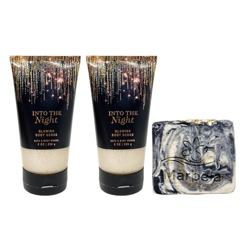 Bath & Body Works Into The Night 2 Piece Glowing Body Scrub Bundle with a Charcoal Scrub Bar Soap - Full Size