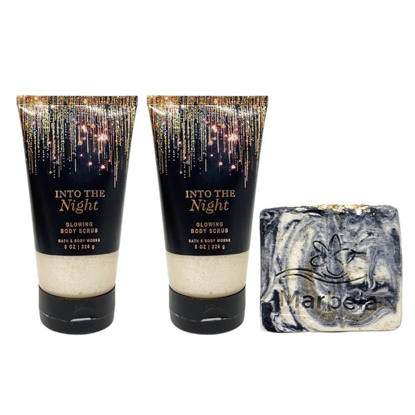 Bath & Body Works Into The Night 2 Piece Glowing Body Scrub Bundle with a Charcoal Scrub Bar Soap - Full Size