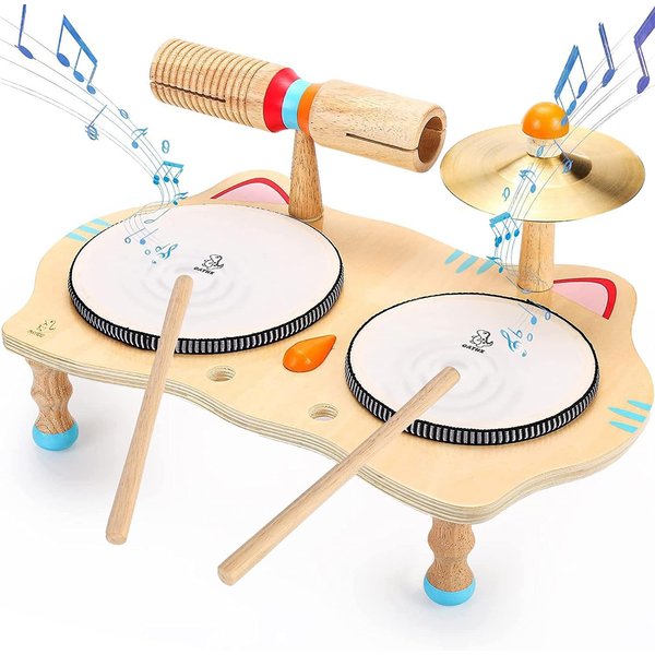 oathx Kids Drum Set All in One Montessori Musical Instruments Set Toddler Toys Natural Wooden Music Kit Baby Sensory Toys Months Birthday Gifts for Girls Boys