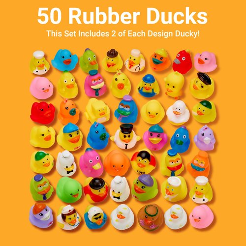 Rubber Duck Toy Duckies for Kids - 50 Pack - Sensory Play, Stress Relief, Stocking Stuffers, Bath Birthday Gifts Baby Showers Classroom Incentives, Summer Beach and Pool Activity - Style 2