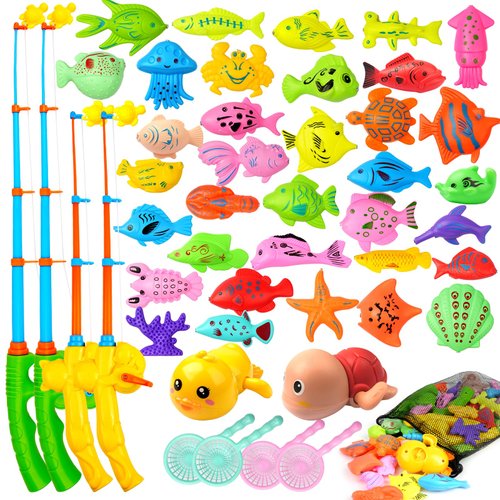 WindyJoy 46 Pcs Magnetic Fishing Game for Toddler Kid 3-5 with 4 Magnetic Fishing Pole 2 Bath Wind Up Toy Water Table Bathtub Toy Pool Fishing Game Toddler Fishing Pole Boy 4-8 Magnetic Fishing Toy