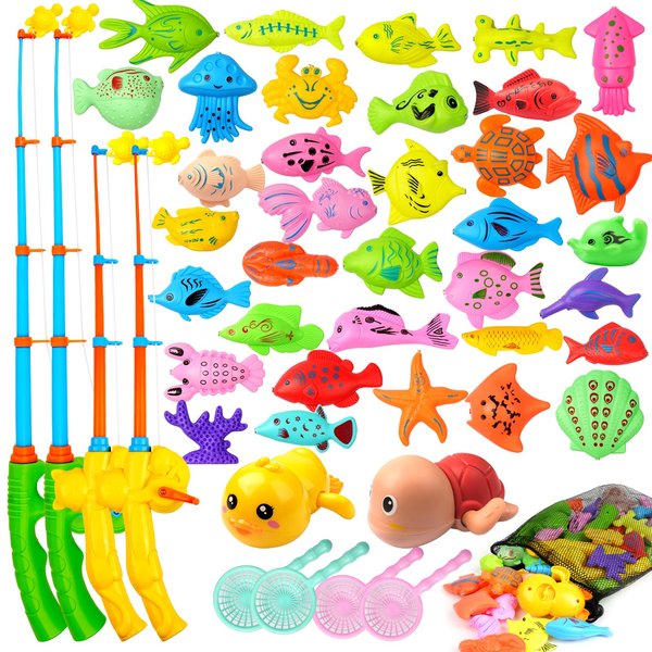 WindyJoy 46 Pcs Magnetic Fishing Game for Toddler Kid 3-5 with 4 Magnetic Fishing Pole 2 Bath Wind Up Toy Water Table Bathtub Toy Pool Fishing Game Toddler Fishing Pole Boy 4-8 Magnetic Fishing Toy