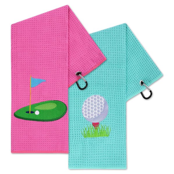 Vansolinne Golf Gifts for Women Golf Towels for Golf Bags with Clips Accessories Microfiber Waffle Pattern Pink Blue for Golf Fan Funny Birthday Retirement Gifts, Set of 2