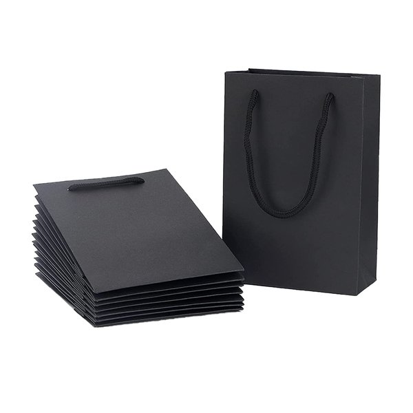 Katfort Mini Small Black Paper Gift Bags 50 Pack, 5.1x2.4x7.5inch Small Black Gift Bags Bulk with Cotton Handle, Small Size Matte Black Bags for Gifts Kraft Paper Bag