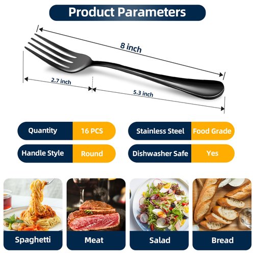 ITITT 16 Piece Dinner Forks, 8 Inch, Top Food Grade Extra-Fine Stainless Steel Silverware Forks(Black)