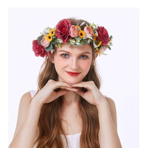 Vivivalue Women Floral Crown Flower Garland Headband Hair Wreath Floral Headpiece Halo Boho with Ribbon Wedding Party Red