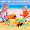 HUITEM Beach Sand Toys for Kids, 29PCS Sandbox Toys with 2 Collapsible Bucket Sand, 2 Dump Truck, Dinosaur Sand Molds, Sand Castle Kit, Shovel Sieve,Flags,Mesh Bag Travel Beach Toys for Toddler 3-10