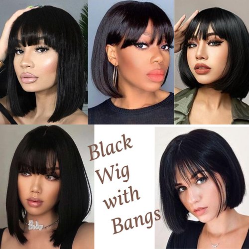 Ebingoo 14 Inches Short Black Bob Wigs with Bangs+Wig Cap Black Bob Wigs for Women Black Shoulder Length Wig Straight Black Wig for Halloween Party Heat Resistant Wig for Daily Wear