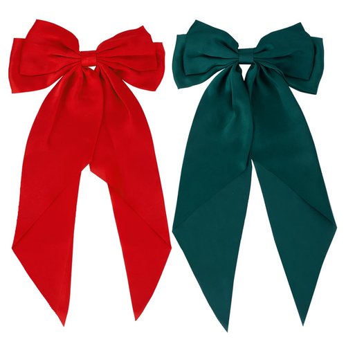 Christmas Hair Bows for Women, Red Green Silky Satin Hair Bows with Long Tail Oversized XMAS Hair...