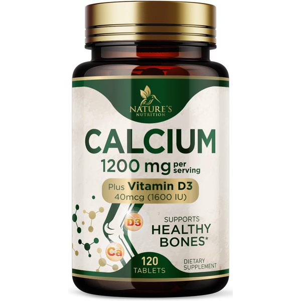 Calcium 1200 mg with Vitamin D3, Calcium Supplement Vitamins, Supports Bone Strength, Teeth & Immune System, Calcium Supplements for Women & Men, Nature's Absorbable Calcium Carbonate - 120 Tablets