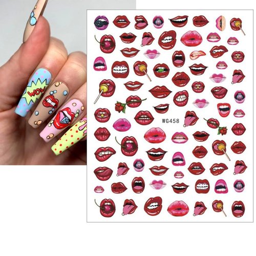 5 Sheets Valentine's Day Nail Art Stickers Fashion Sexy Lips Nail Decals 3D Self-Adhesive Rose Heart Red Lips Nail Design Colorful Lips Nail Art Stickers Nail Art for Women Supplies Charms Decorations