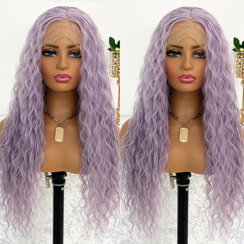 MACA BAKA Loose Curly Light Purple Synthetic Lace Front Wig for Women Glueless Purple Mixed Platinum Blonde Long Water Wave 13x4 Lace Front Wigs Pre Plucked with Baby Hair 24 Inches 150 Density