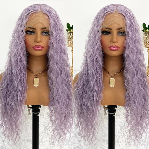 MACA BAKA Loose Curly Light Purple Synthetic Lace Front Wig for Women Glueless Purple Mixed Platinum Blonde Long Water Wave 13x4 Lace Front Wigs Pre Plucked with Baby Hair 24 Inches 150 Density