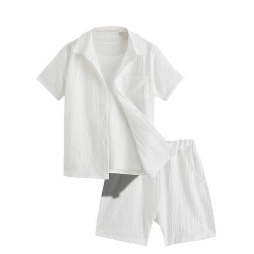 Verdusa Boy's 2 Piece Outfit Button Down Shirt and Elastic Waist Short Sets White 160