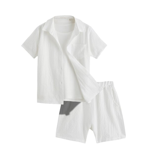 Verdusa Boy's 2 Piece Outfit Button Down Shirt and Elastic Waist Short Sets White 160