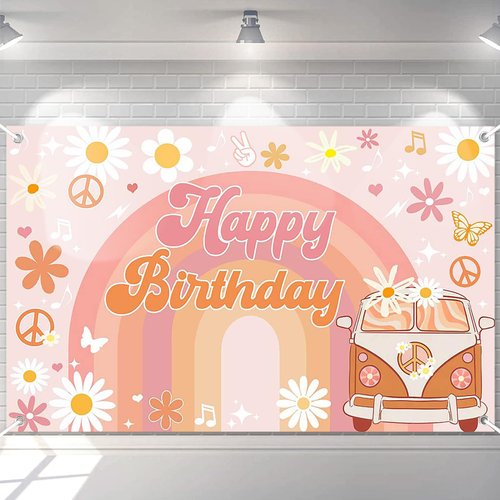 Avezano Groovy Birthday Banner for Retro Hippie Birthday Party Decorations Girls Daisy Flower Boho Rainbow Theme Photoshoot Backdrops 70.8 x 43.3 Inch