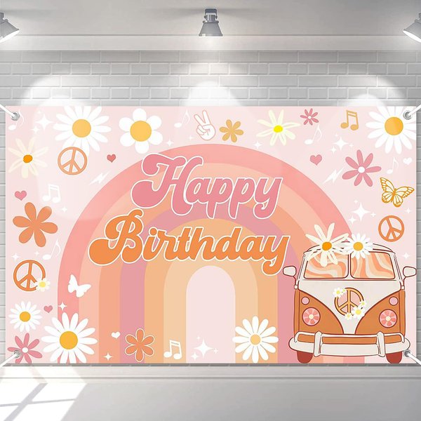 Avezano Groovy Birthday Banner for Retro Hippie Birthday Party Decorations Girls Daisy Flower Boho Rainbow Theme Photoshoot Backdrops 70.8 x 43.3 Inch