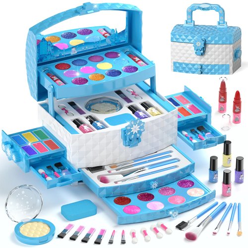 PERRYHOME Kids Makeup Set for Girl 56 Pcs Washable Real Cosmetic, Non-Toxic Frozen Toys Toddler Makeup Kit, Frozen Princess Dress up Kit Christmas & Birthday Girl Gift for 3-12 (Frozen Blue)