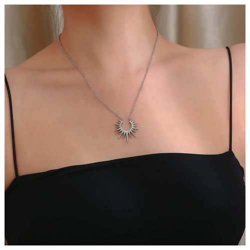 Allereyae Vintage Sunburst Pendent Necklace Hollow Sunburst Necklace Moonstone Silver Sun Choker Necklace Open Sunburst Necklace Jewelry for Women (Silver)