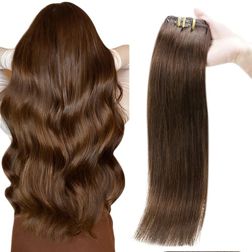 Clip in Human Hair Extensions Remy Chocolate Brown Hair Extensins Clip in Straight Real Hair Exte...