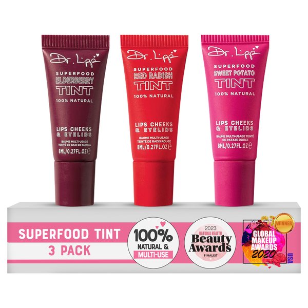 DR. LIPP Superfood Lip Tint 3 PACK [3 x 8ml]– 4-in-ONE Ultra Moisturising Tinted Lip Balm, Lip Gloss, Cheek Blush & Glossy Eyeshadow – 100% Natural – Fragrance & Cruelty Free