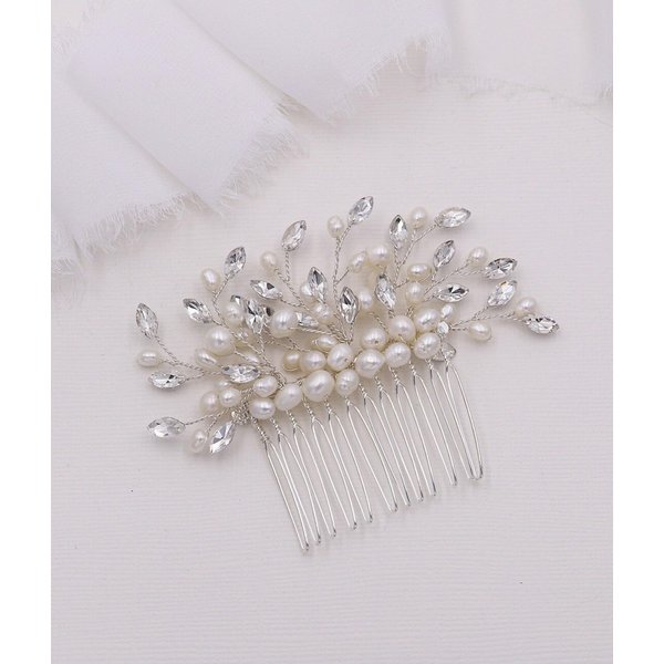 Freswhater Pearl Hair Comb Wedding Bridal Silver Crystal Accessory Headpiece for Brides Weddings Bridesmaids Prom Women