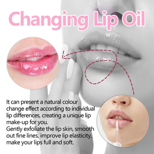 Magic Color Changing Lip Oil, Warm Change Lip Gloss, Nourishing Lip Glow Oil Upgraded Big Brush Head Moisturizing Lip Oil Long Lasting & Non-Sticky Primer Lip Tint (Pink)