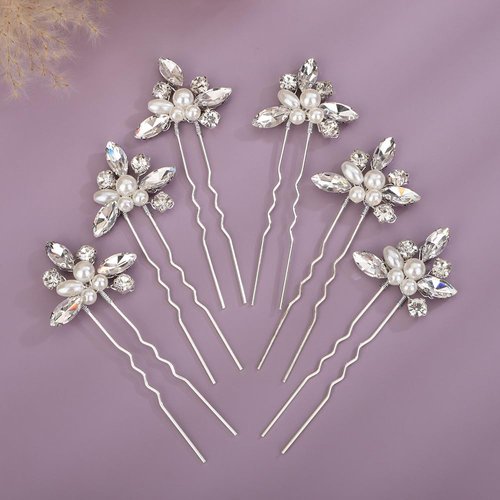 Teyglen 6pcs Crystal Pearl Bridal Hair Pins Silver Rhinestone Wedding Hair Pins Clips Set Handmade Rhinestone Hair Piece Decorative Hair Accessories for Women Bride Girls (Silver)