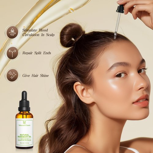 VelucentCharm Rosemary Organic Hair Growth Oil for All Hair Types with Jojoba and Sweet Almond Oil, Rosemary Essential Oil for Hair and Skin Care, 1.75 Fl oz