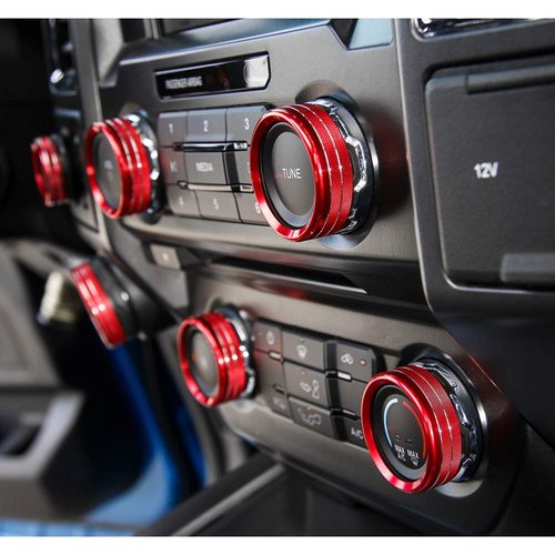 Keptrim for F150 Air Conditioner Switch & Trailer & 4WD & VOL Knob Button Trim for Ford F150 XLT 2016 2017 2018 2019, Red Aluminum, 6pcs (Not for 2021 2022 2023)