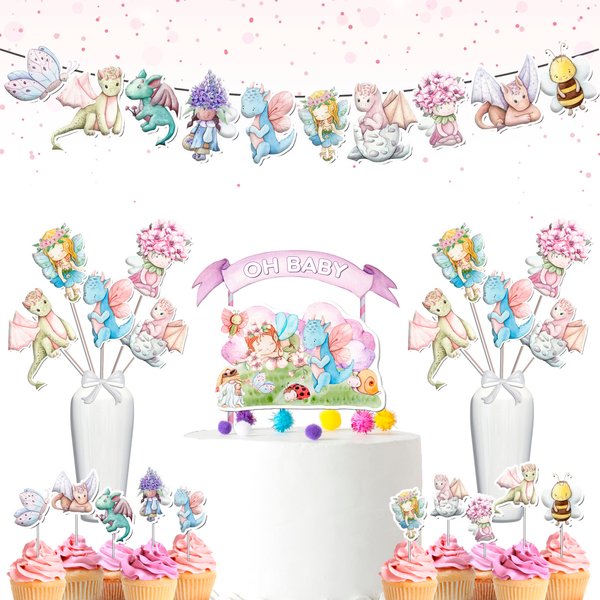 Dragons and Fairies Baby Shower Party Decoration Set, Dragon and Fairy Theme Party Supplies Bundle for Baby Shower.