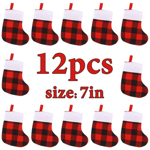 SULOLI 12 Pack Christmas Small Stockings, Red and Black Buffalo Plaid Christmas Hanging Stockings with Plush Cuff for Christmas Party Tree Decorations