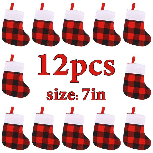 SULOLI 12 Pack Christmas Small Stockings, Red and Black Buffalo Plaid Christmas Hanging Stockings with Plush Cuff for Christmas Party Tree Decorations