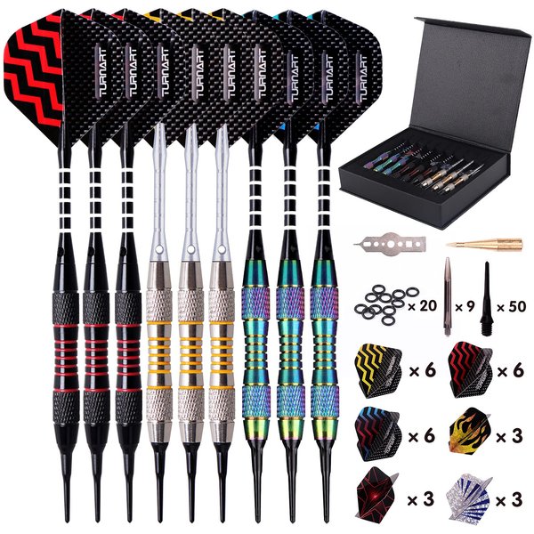 Turnart Darts Plastic Tip - Professional Soft Tip Darts Set for Electronic Dartboard 9 Pcs 18 Grams with 50 Extra Tips 9 Shafts 27 Flights Tool Kit Flight Protectors and Gift Darts Case (Color)