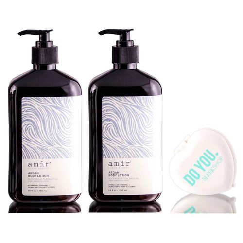 BODY AMlR Clean Beauty Argan Lotion with Argan + Coconut Oil, 18 oz, For Smooth Skin (w/Sleek Heart Shaped Compact Mirror) (18 ounce (PACK OF 2))