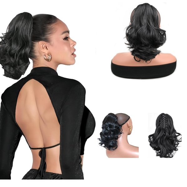 YOCXLH Black Ponytail Extension 10inch Short Curly Wavy Claw Clip Ponytail Extension Natural Hair Pony tails Layered Synthetic Hairpieces for Women