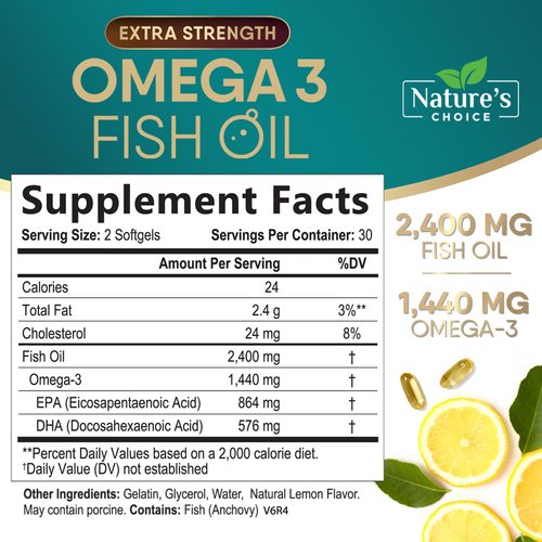 Triple Strength Omega 3 Fish Oil 2400 mg Supplement, Nature's Omega-3 Supplements, Brain & Heart Health Support - EPA & DHA, Fish Oil in Each Softgel, Fatty Acids Fish Oil Supplement - 60 Softgels