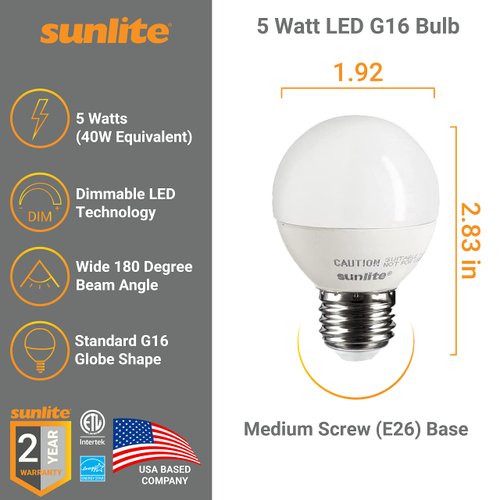 Sunlite G16 LED Dimmable Decorative Globe Vanity Light Bulbs, Frosted, 5W (40W Equiv.), 350 Lumens, Medium E26 Base, Mirror Lights for Bedroom and Bathroom, 120V, ETL Listed, 2700K Soft White, 3 Pack