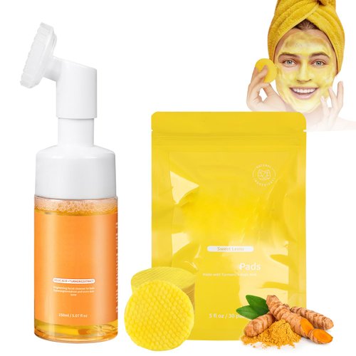 Glo up Turmeric Wash and Glo up Pads,Gloing Wash Turmeric Face Cleanser with Brush,Turmeric Kojic 𝐀𝐜𝐢𝐝 Facial Cleanser Wash and Pads,Cleansing Skin,Gentle Skin Care,Suitable for All Skin Types