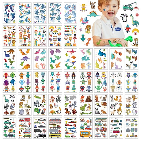 Temporary Tattoo Kids, CAYUDEN 63 Sheets Waterproof Kids Temporary Tattoos for Boys Fake Tattoos Stickers with Dinosaurs Animal Cars Robots Tattoos for Kids Stickers Birthday Party Decor Toys Reward