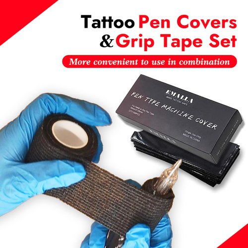 200PCS Pen Covers with 6PCS Grip Tape - SOTICA Machine Wrap Cover Black Pen Bags Pen Sleeves Machine Sleeves with Black Grip Wrap Self-Adherent Tape Plastic Covers