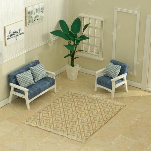 iLAND Dollhouse Couch and Miniature Sofa Set with Mini Houndstooth Cushions, Dollhouse Furniture on 1/12 Scale for Dollhouse Living Room (Sky Blue)