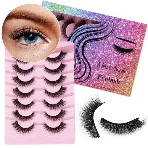 MelodySusie Natural Eyelashes 7 Pairs Strip Lashes Wispy 13mm Short Mink Lashes Fluffy Cat eye Lashes Pack, No Lash Glue Included (N01)